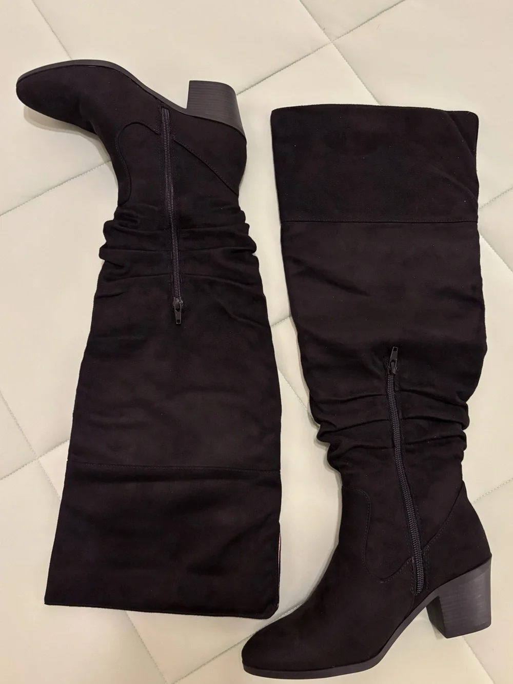 Stanley Black Knee-High Suede Block Heel Boots